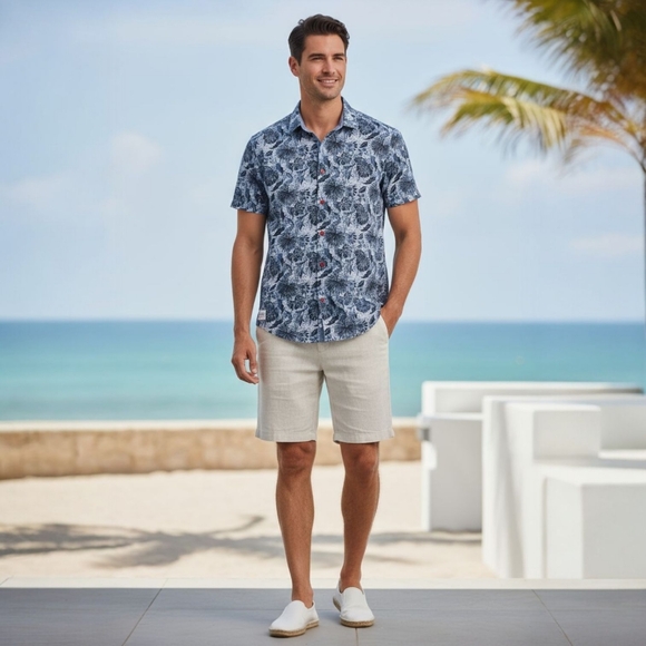 A Fish Named Fred Elephant Jungle Button Up Shirt - Coastal Resort Slim Fit - S - Picture 1 of 10